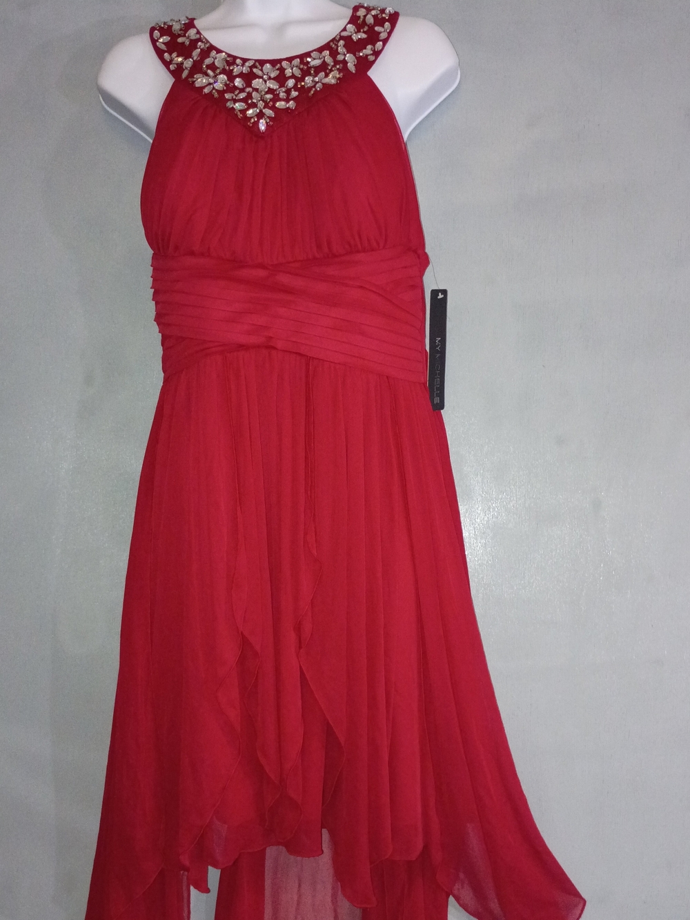Girls Red Embellished Halter Dress